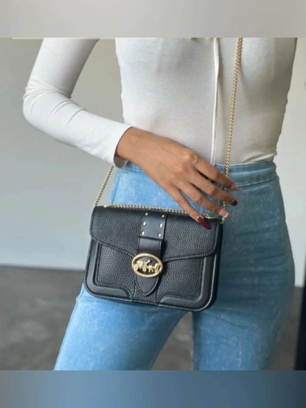 Coach Georgie Crossbody/Xbody Black Pebble/Leather Bag Purse With Rivets